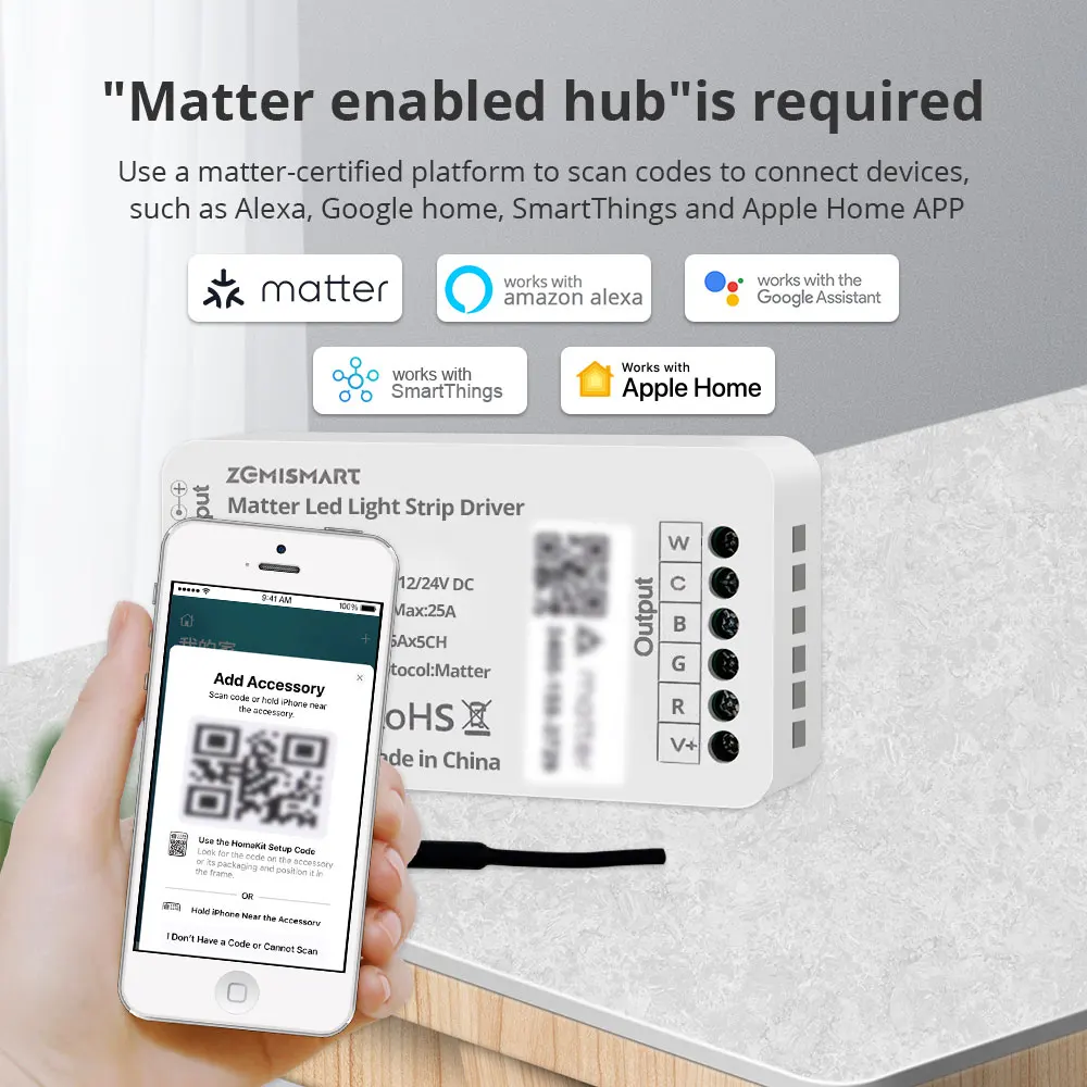 Matter Over WiFi LED Strip Light Controller RGBCW Smart Led Driver Funciona com Homekit Smartthings Alexa Google Home App