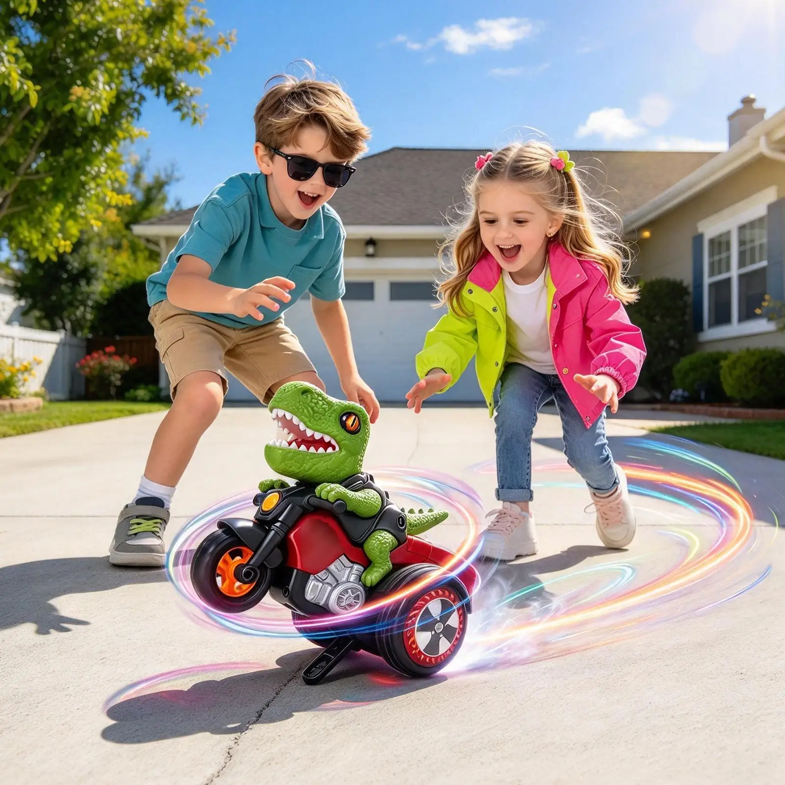 Dinosaur Stunt Toy Interactive Motorcycle 360 Degree Rotation with LED Light and Music Dynamic Rhythmic Play Experience for Kids