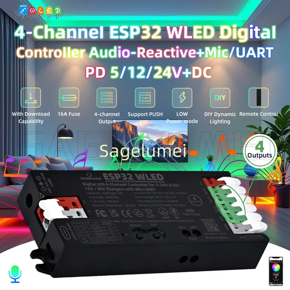 

DOM-WLE-15P/16P/18P двойной блок питания ESP32 WLED цифровой светодиодный контроллер PD 5 В/12 В/20 В с 4-канальными выходами для пиксельных светодиодов WS2811/12B APA102