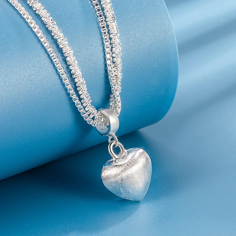 Double Layer Brushed Heart Pendant Necklace for Women High-end Feel Light Luxury Necklace 925 Silver Collarbone Chain KOFSAC