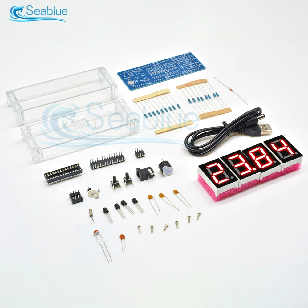 LED Electronic Clock DIY KIT Microcontroller Kit Red/Blue/Green/White Digital Clock Time Light Control Temperature Thermometer