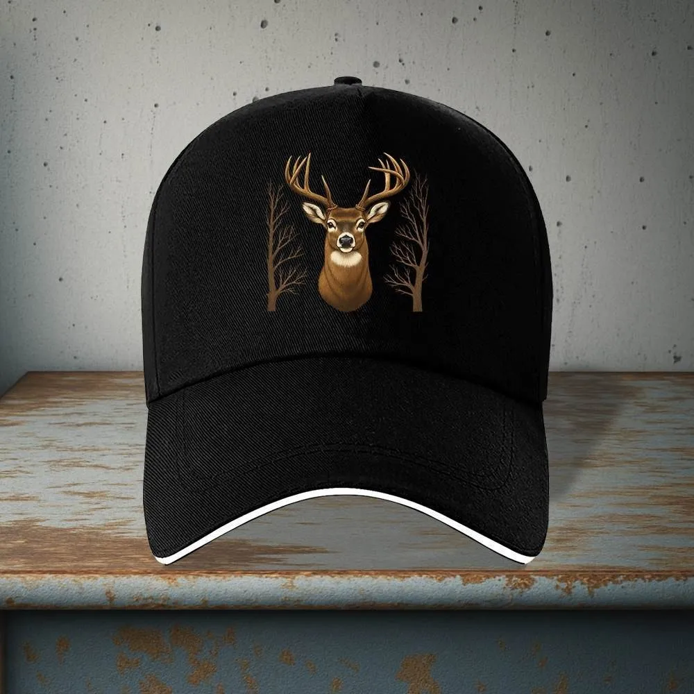 Deer Head Antlers Trees Graphic Baseball Cap Polyester Hunting Outdoor Adjustable Sport Hat for Men