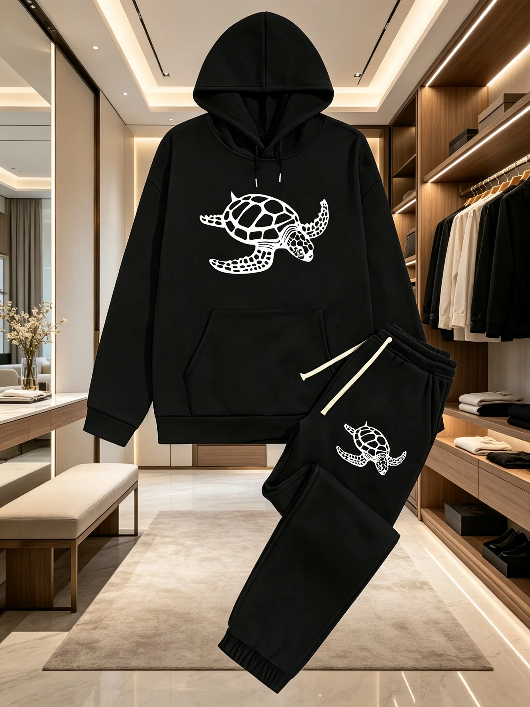 Men Turtle Pattern Hoodie Drawstring Sweatpants 2Pcs Matching Set Soft Fabric Casual Outfit For Fall Winter Daily Streetwear