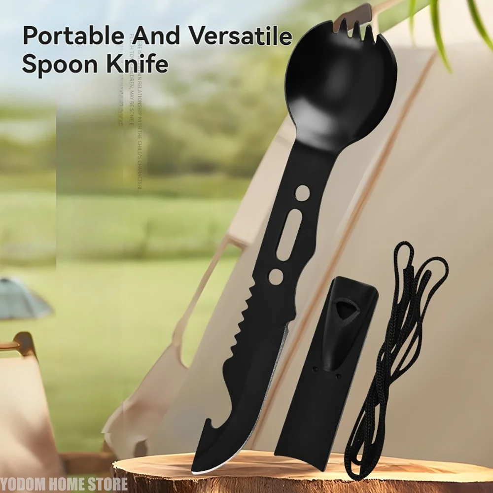 Stainless Steel Survival Tableware Kit Multifunctional Knife Spoon Fork And Emergency Whistle For Camping Climbing Trips