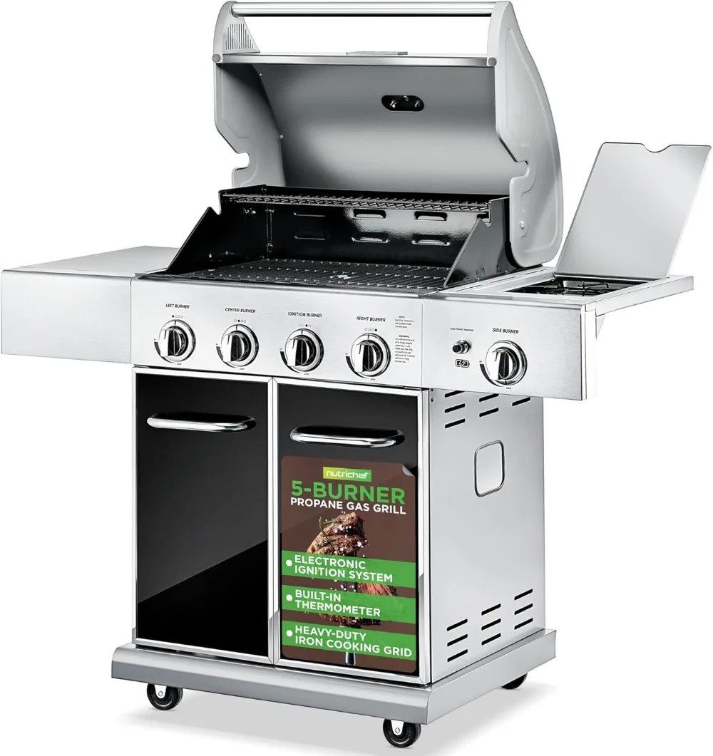 

NutriChef Heavy-Duty 5-Burner Propane Gas Grill - Stainless Steel Grill, 4 Main Burner with 1 side burner, 52,000 BTU Grilling