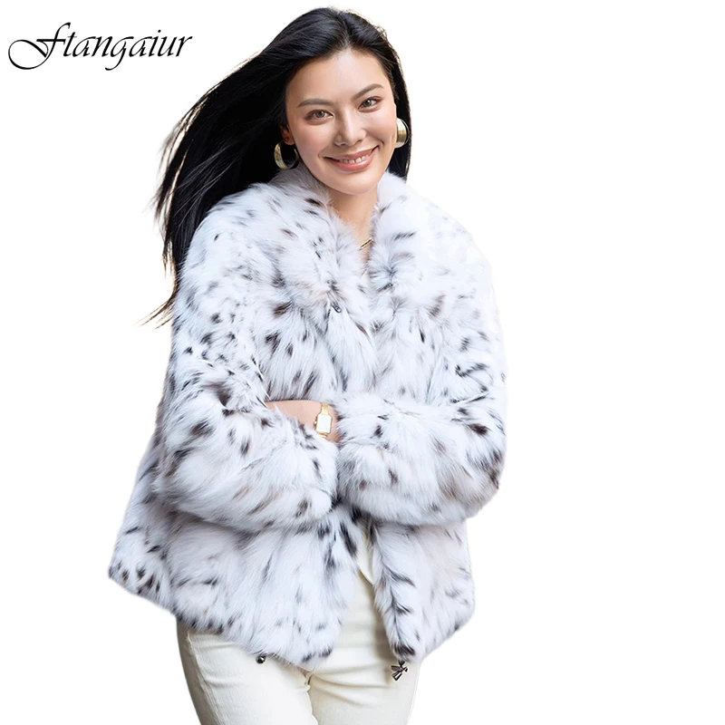 Ftangaiur Private Customization US Imports Of Pure White Lynx Bobcats Natural Fur Coats Women With Fur Hood Short Real Fur Coats