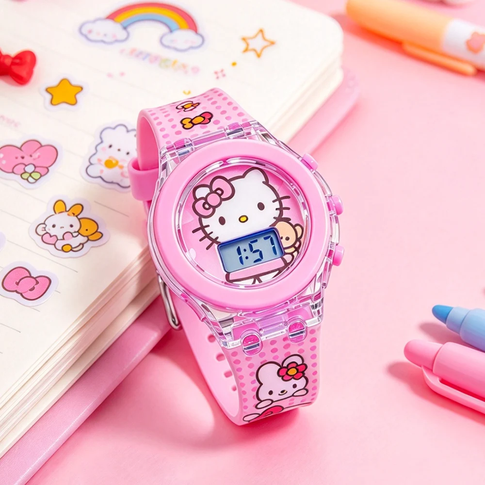Cute Pink Hello Kitty Kids Watches with Light-Up Fashion Silicone Strap Girls Watch Children Boys Student Quartz Clock Gift