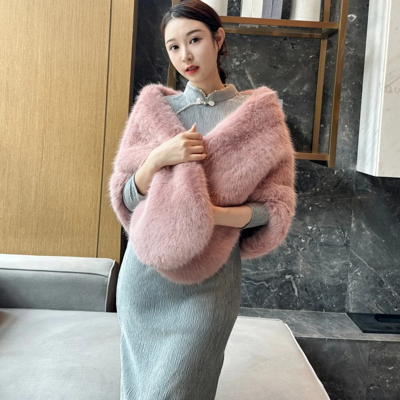 冬の結婚式用ラップフォックスファー厚手暖かいブライズメイドショール女性用中国風長方形保温シミュレーションファースカーフ