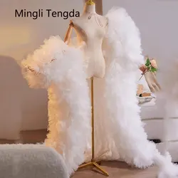 Mingli Tengda 얇은 명주 그물 망토 웨딩 숄, 푹신한 긴 소매 신부 케이프, 기차 포함, 여성 어깨 신부 랩 파티 특별 재킷