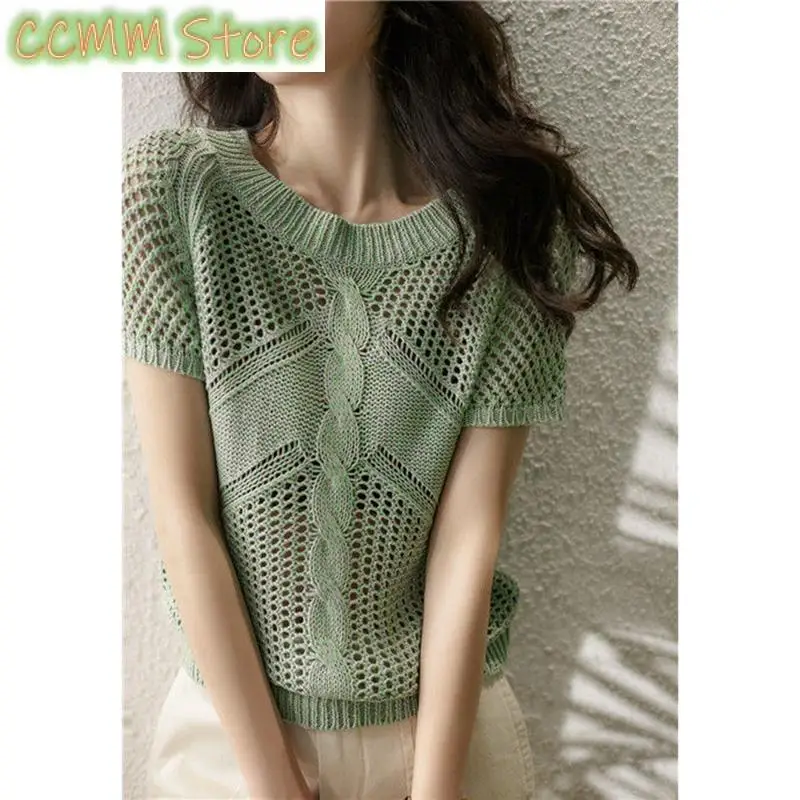スタイリッシュな O ネックニットルーズ中空アウトブラウス女性服夏の新カジュアルプルオーバートップス半袖韓国シャツ