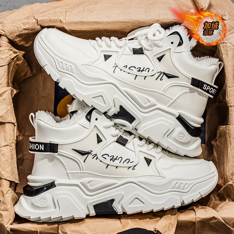 Men's Trendy High-Top Snow Boots Winter Thickened Fleece Anti-Slip Cold-Resistant Sports Cotton Shoes for Teenagers