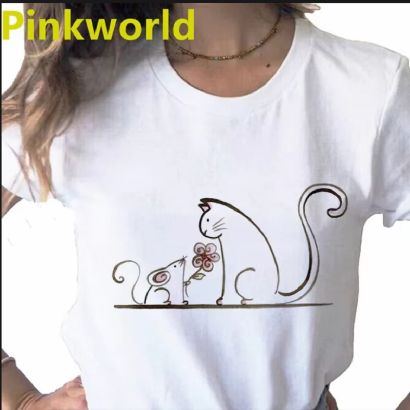 Women's Oversized Cute Cat T-shirt Cartoon Cat Pullover round Neck Short Sleeve Fashion Top Loose Fit T-Shirt