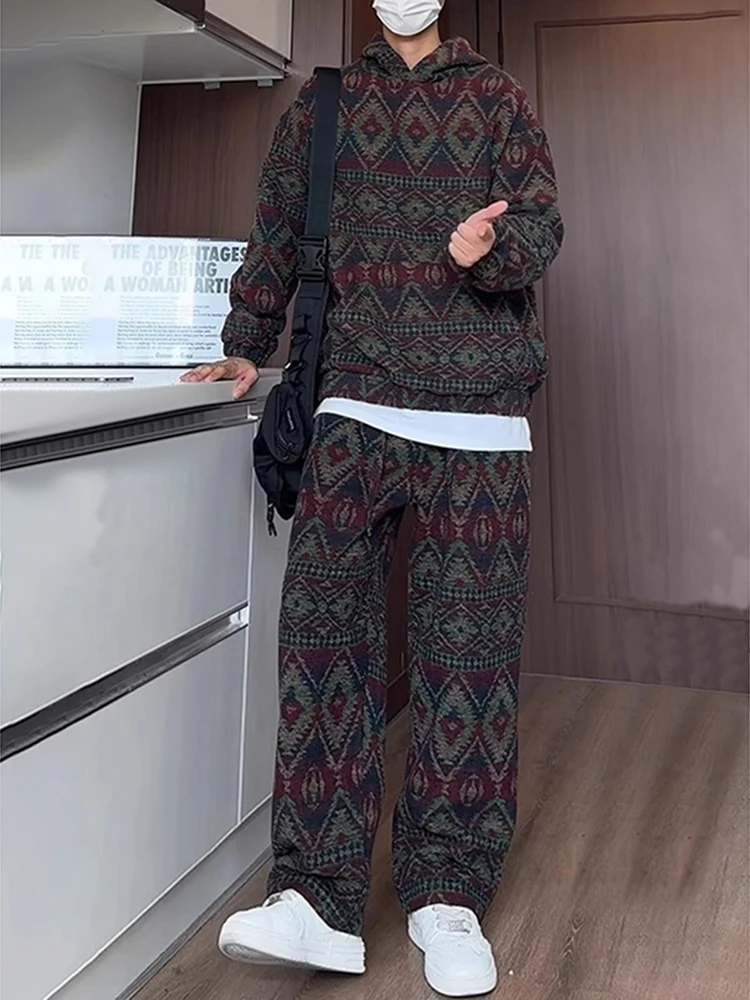 Conjunto de Pantalones de Chándal Tejidos Étnicos para Hombre, Estilo Casual de Otoño-Invierno, con Sudadera de Cuello Redondo y Manga Larga, y Pantalones con Capucha