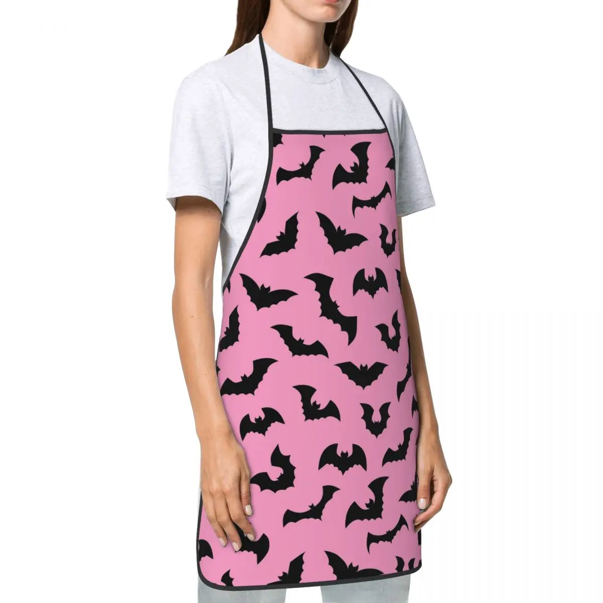Custom Unisex Pink Goth Black Bats Bib Apron Adult Women Men Chef Tablier Cuisine for Kitchen Cooking Halloween Witch Gardening