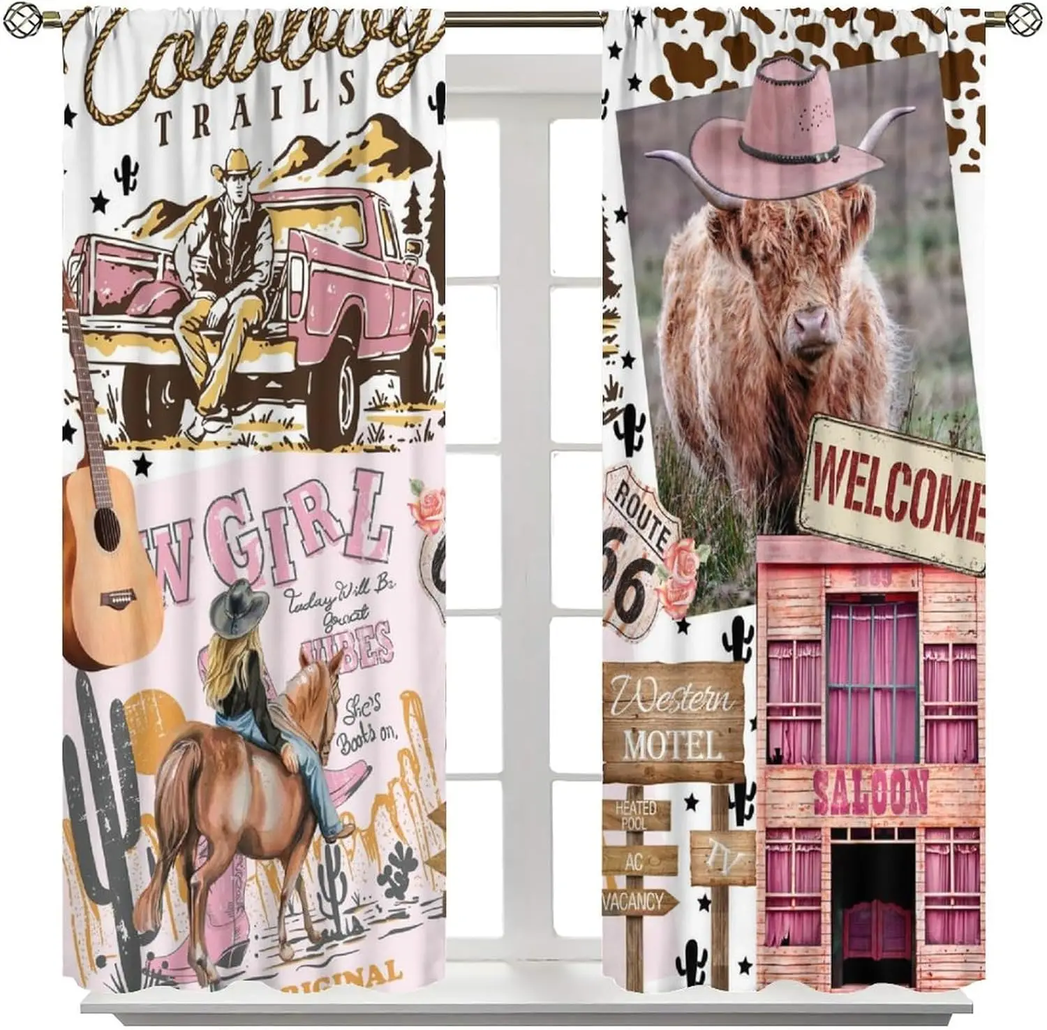 Cowboy Curtains for Kids, Pink Western Desert Highland Cow Cactus Guitar Window Drapes for Girls Bedroom and Living Room