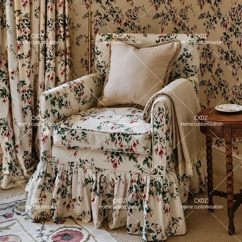 Printed Single Sofa Chair for Villa Living Room Leisure Pastoral Home Decor Cafe Armchair Comfortable Accent Seating