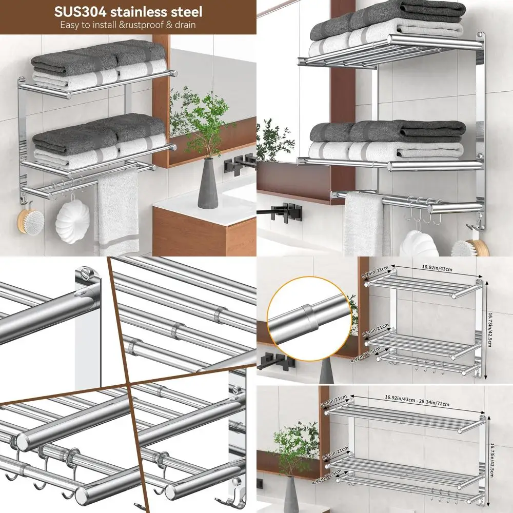 

Expandable 2-Tier Stainless Steel Towel Rack with Shelf and Bar, 16.9-28 Inches, Wall or Adhesive Mount, 4 Hooks