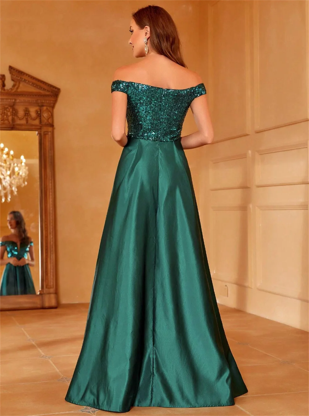 Annie Off-shoulder Green Prom Dresses Satin Sequins A-line Side Slits Evening Dresses Elegant Lady Elegant Wedding Party Dress