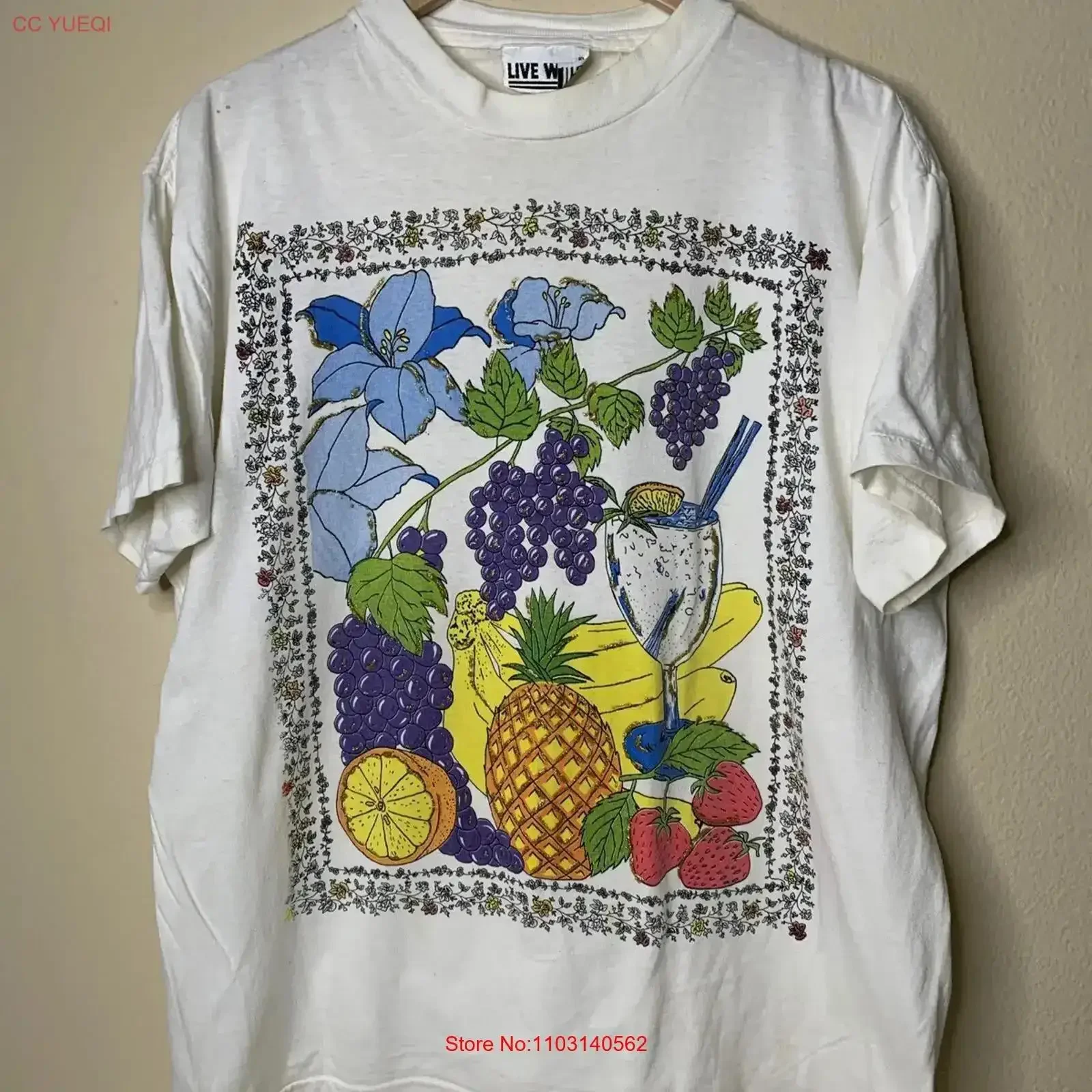 Vintage Grapevine Tropical FruiT T Shirt Mens Sz XL Cocktail Drawn Art 90s Washed homme Top For Everyday Wear vintage Washed