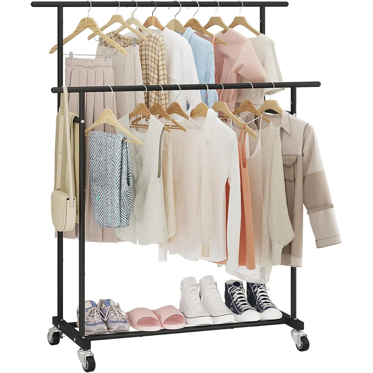 

Double Rod Clothing Rack with Wheels, Rolling Hanging Clothes Organizer for Bedroom, Black