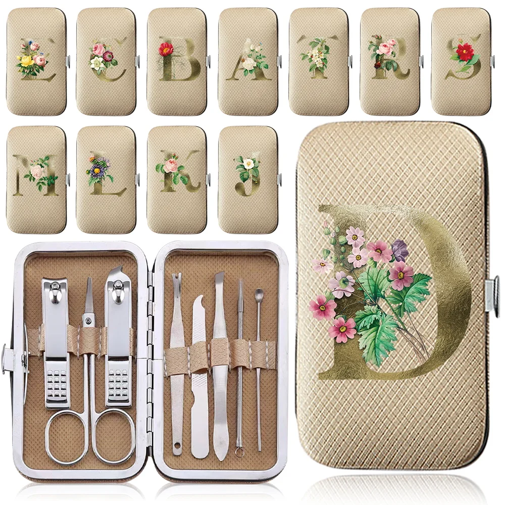 

8Pcs Stainless Steel Manicure Set Box Portable Pedicure Care Tool Nail Clipper Kit Pocket Organizer Golden Flower Letter Pattern