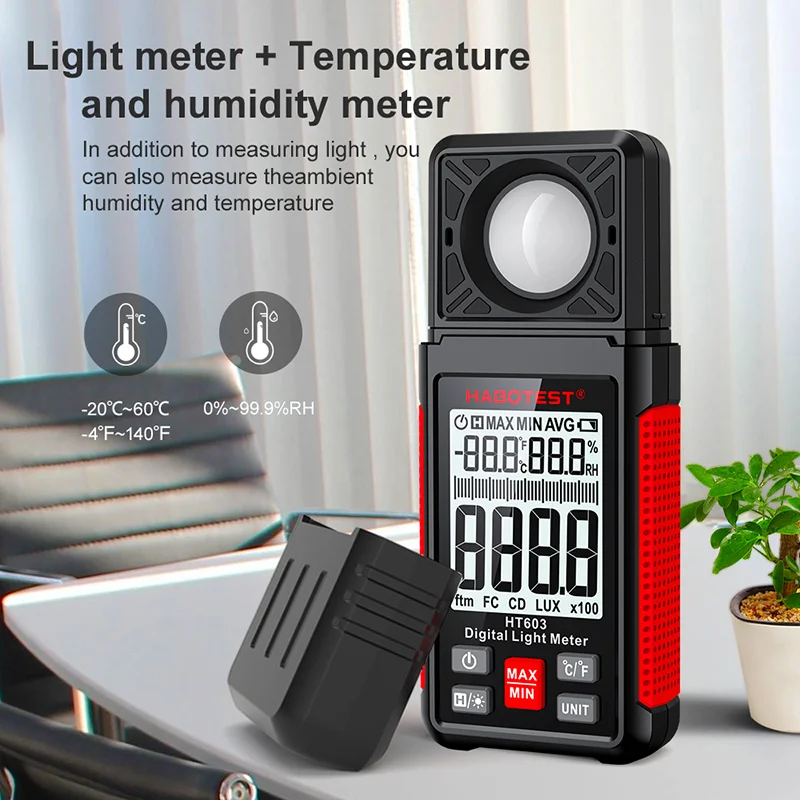 HT603 Digital Light Meter 200000 Lux Illuminance Meter Max/Min Hold with Rotating Sensor Humidity & Temperature Meter Lux Meter