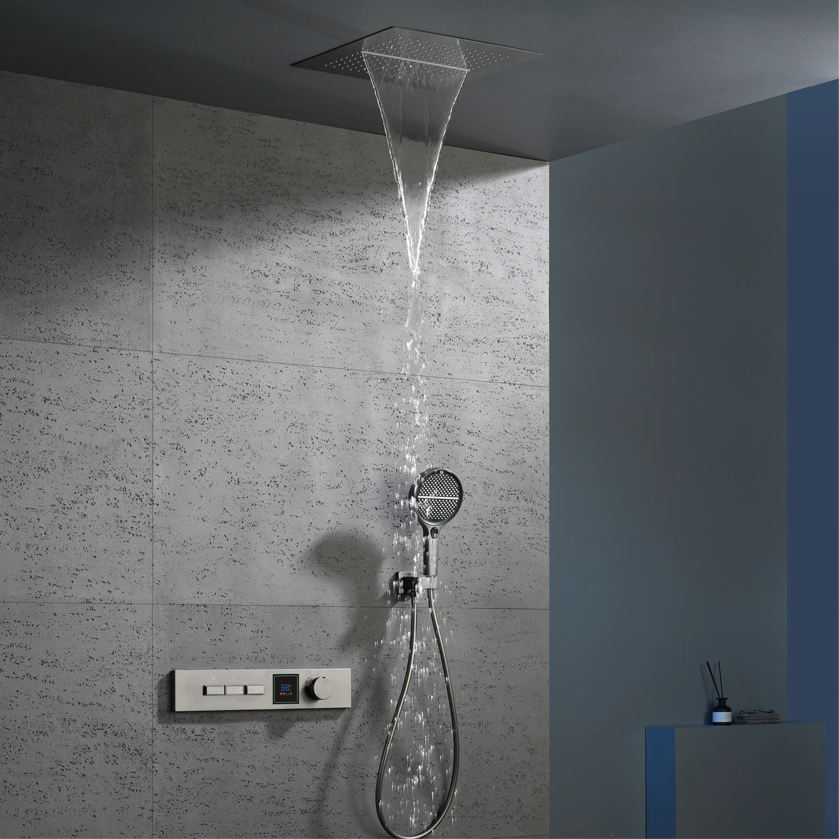 Luxury Bathroom Gunmetal Brass LED Temp Display Shower System Ceiling-Embedded 2 Function Rainfall/Waterfall Bath Fixtures