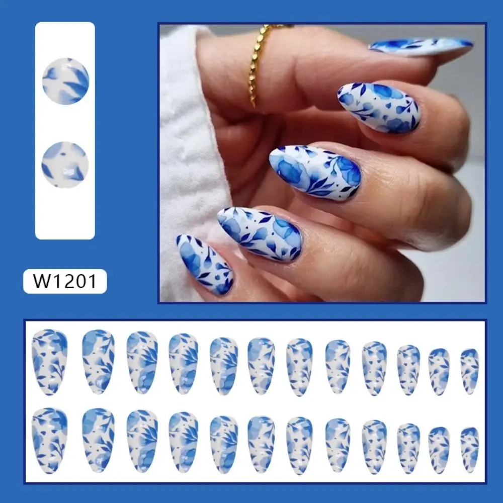 Almond False Nails Manicure Long French Nail Tips Detachable French Blue Ink Flower Press on Nails Women