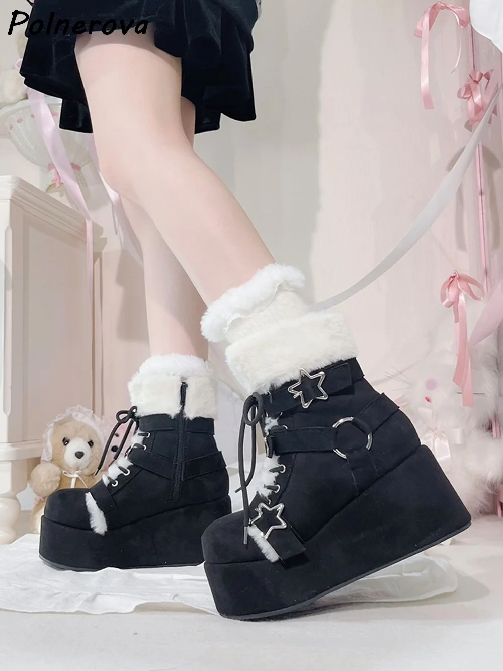 Platform Black White Furry Boots Five-Pointed Star Buckle Cross Tied Round Toe Lolita Shoes Women's Winter Lovely Ankle Boots