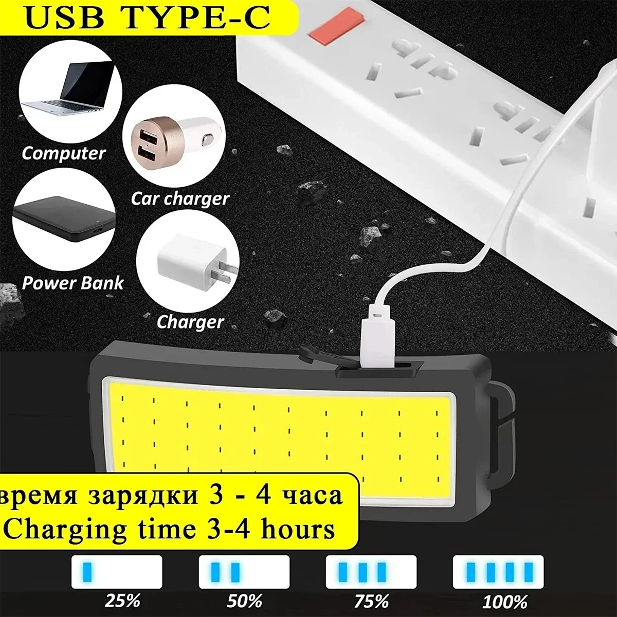 COB светодиодный фонарик 3 режима, встроенный аккумулятор, USB перезаряжаемый налобный фонарь, уличный аварийный фонарь для кемпинга и рыбалки