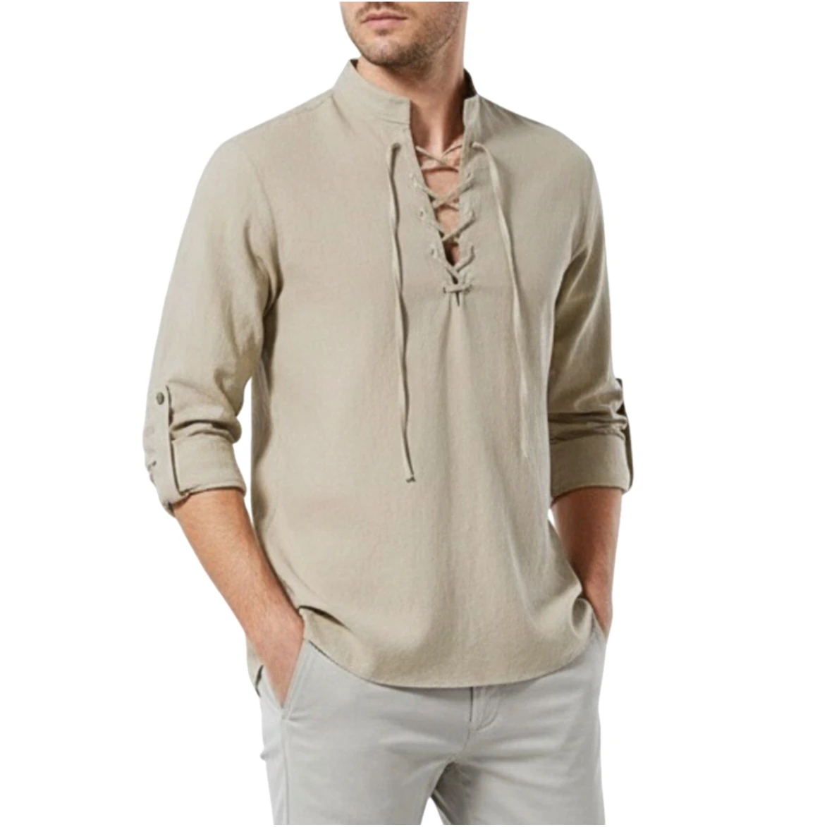 Men's Retro Lace Up Linen Shirt Long Sleeve Stand Collar Casual Linen Blouse Medieval Pirate Viking Renaissance Khaki Top