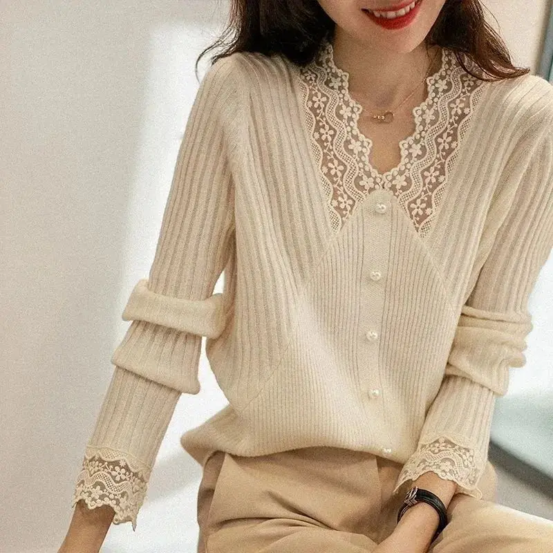 Spring Autumn V-Neck Lace Patchwork Solid Color Sweater Knitted Pullover Long Sleeve Elegant Women's Clothing Classic Tops