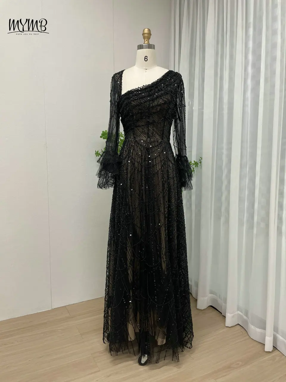 MYMB-Robe de soirée musulmane noire transparente, manches longues, perlée, tenue de cérémonie, arabe, magnifique, coupe trapèze au dos, 2024