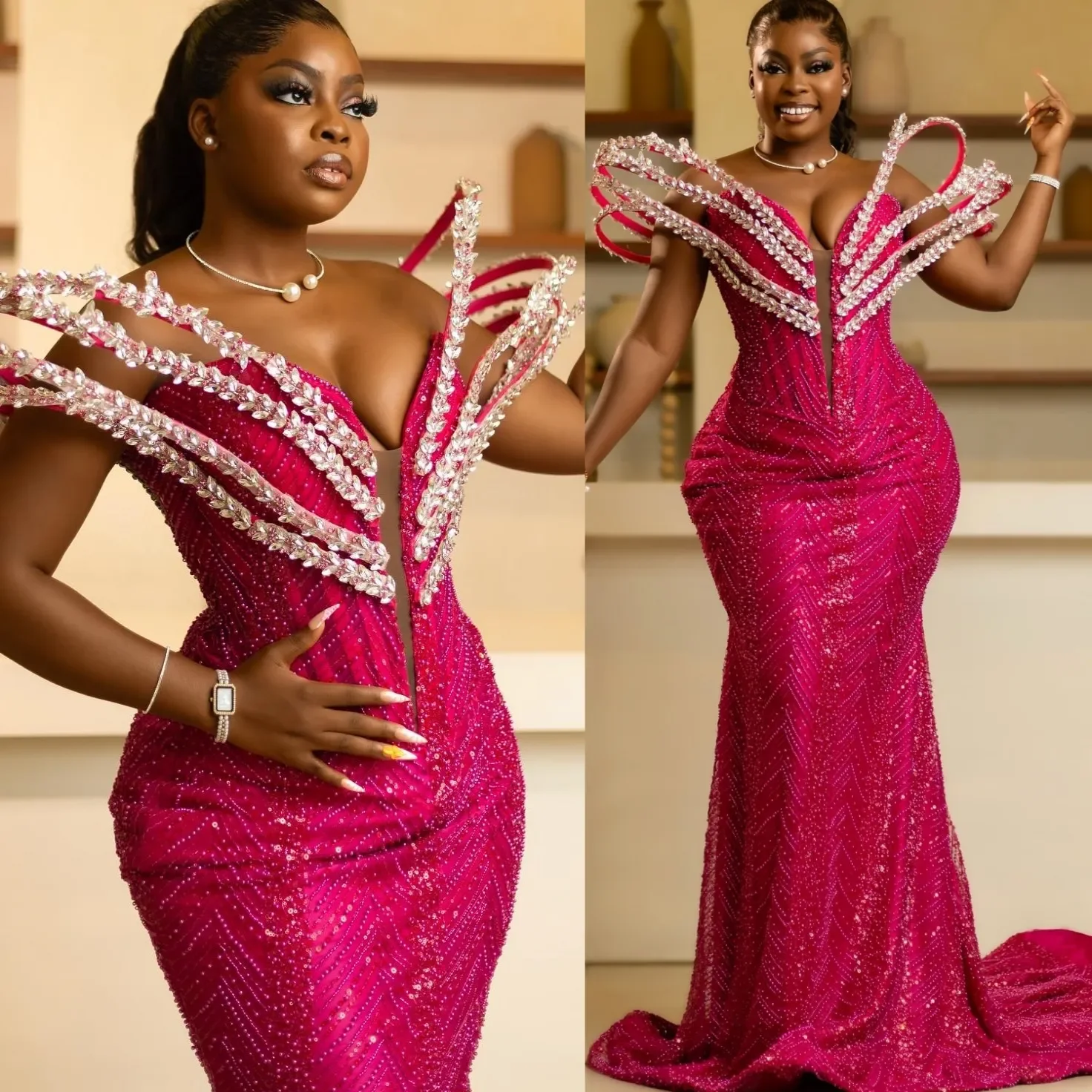 

Glamorous Evening Dresses Crystal Beading Prom Dress Sequins Customized Princess Sweep Train Party Gowns Vestidos De Noche