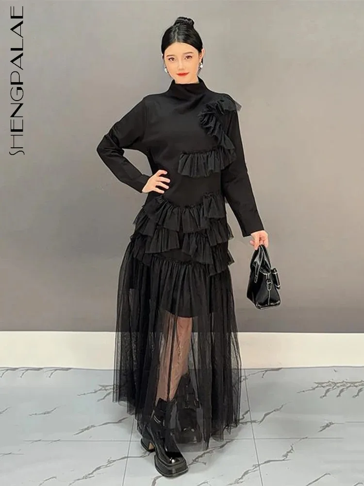 SHENGPALAE Spliced Guaze Long Dresses Women Stand Collar Full Sleeve Ruffles Solid Color Vintage Style New 2024 Dress 5C1546