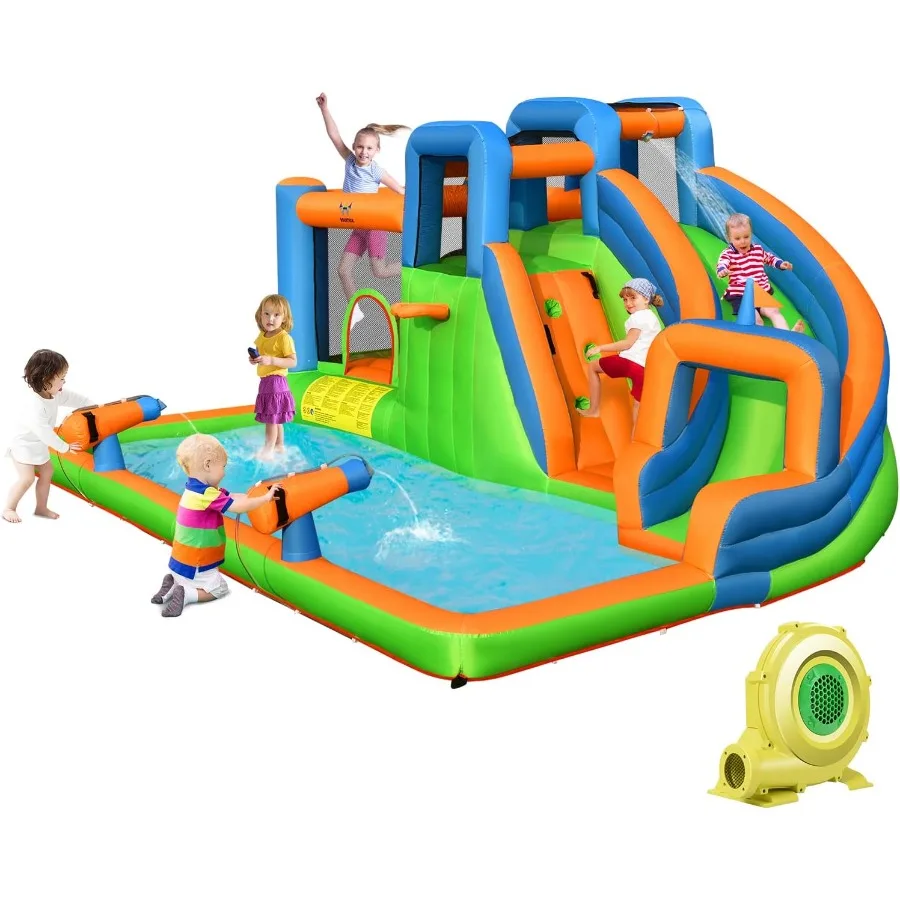 Corrediça de água inflável, castelo de salto de parque aquático infantil com grande piscina de respingo, 2 paredes de escalada e canões, escorregadores de água infláveis fo