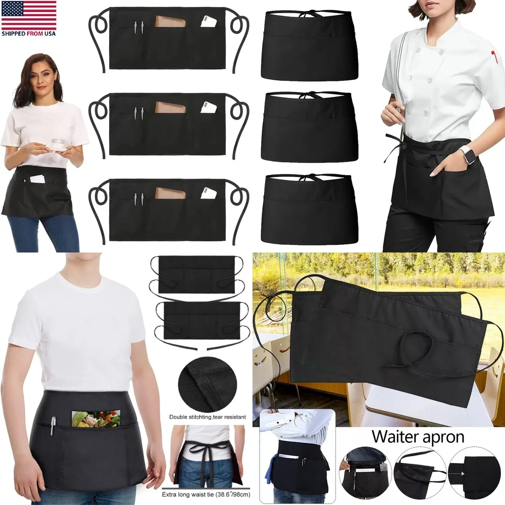 

Регулируемый полуфартук из 3 предметов с карманами для кухни, домашняя спецодежда для официанта, приготовления пищи, выпечки, бариста, служебного персонала, набор фартуков