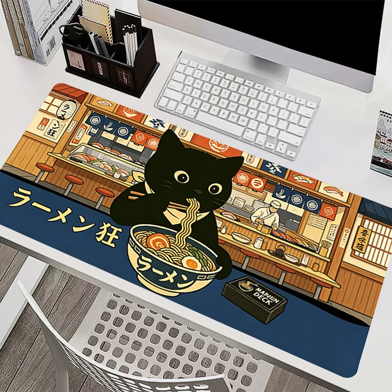 Cat Eat Ramen MTG Game Mat Office Mouse Pad Notbook PC Gamer Keyboard Pad NonSlip Computer Desk Mat Black Cat Extended MousePad