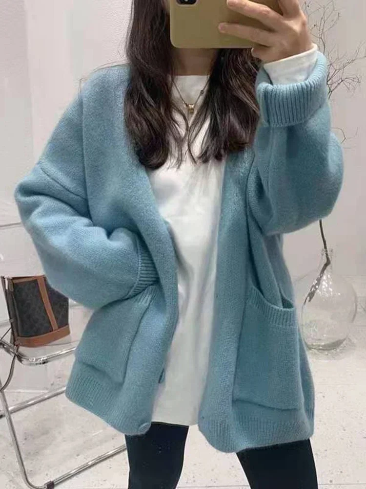 

2022 Autumn Loose Cardigans Casual Vintage Women Knitted Sweaters Fashion Korean Long Sleeve Knitwear Female Solid V-neck Casual