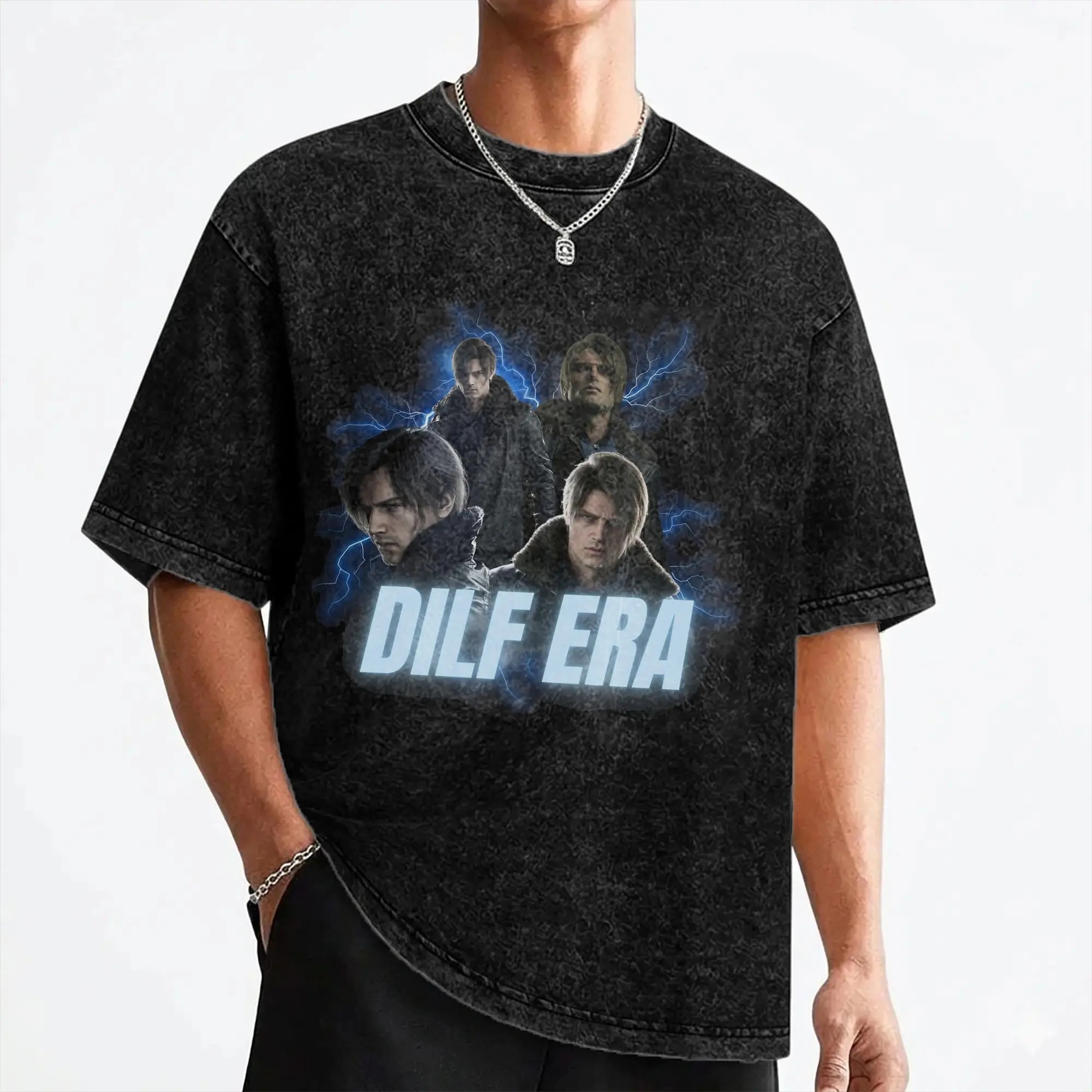 Leon S. Kennedy Washed T Shirts Streetwear Vintage T-Shirts Tees for Men Women Cotton Harajuku Printed