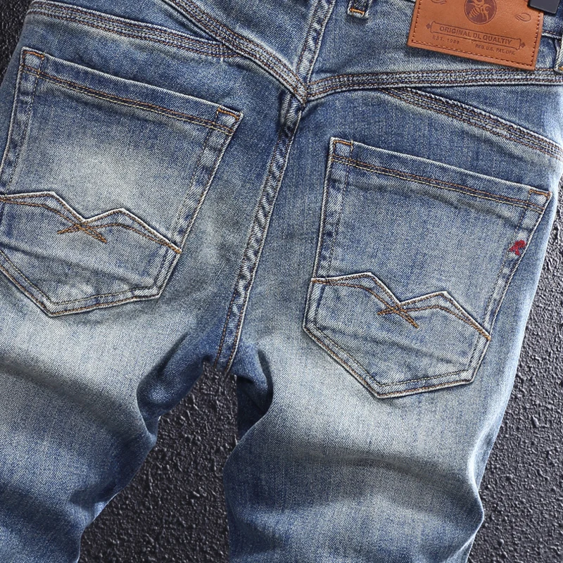 Fashion Streetwear Men Jeans Retro Blue Elastic Slim Fit Ripped Jeans Men Trousers Patchwork Designer Vintage Denim Pants Hombre