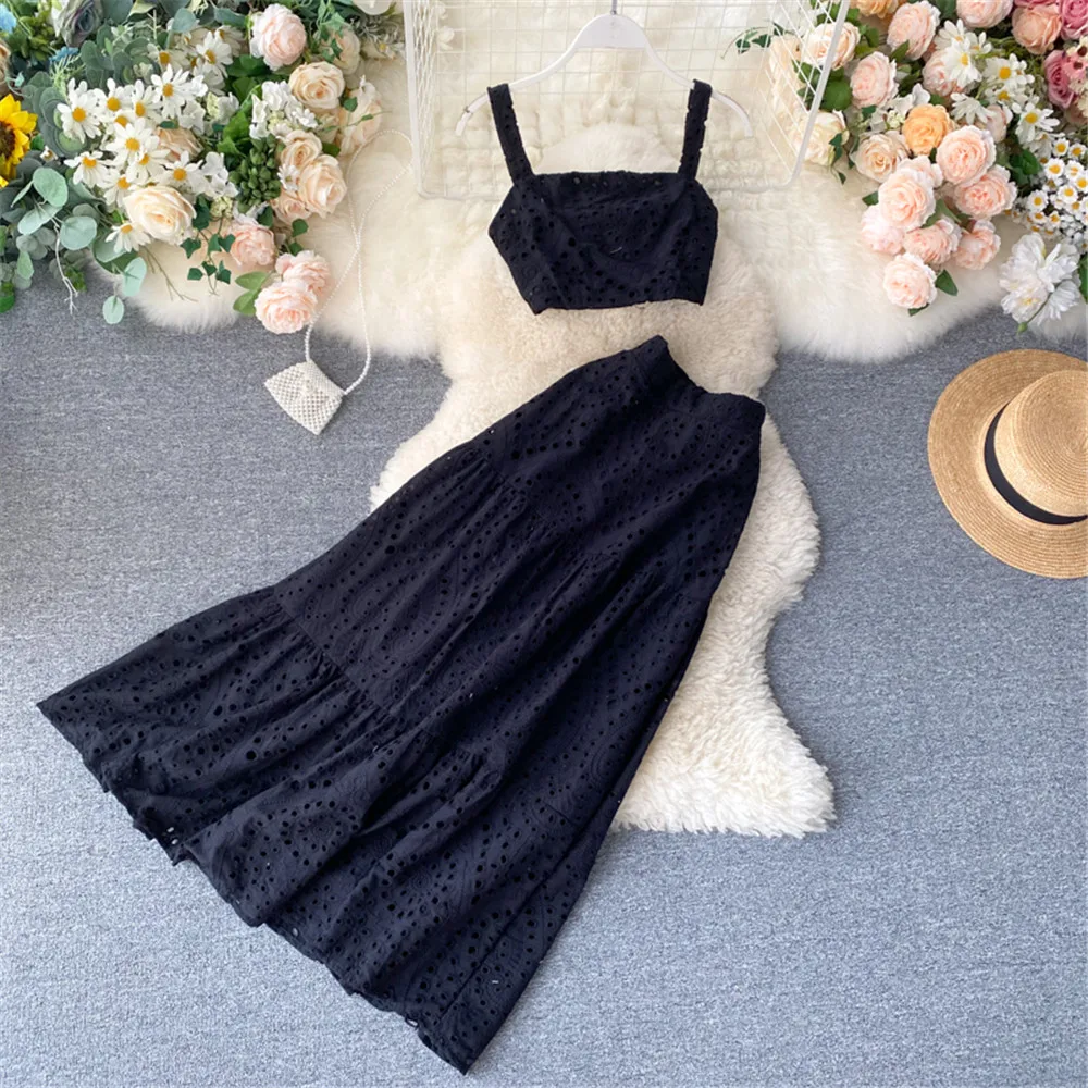 Special Offer Summer Women Vintage Embroidery Hollow Out Skirt Suits Sexy Strap Crop Top And High Waist Long Skirt Two Piece Set