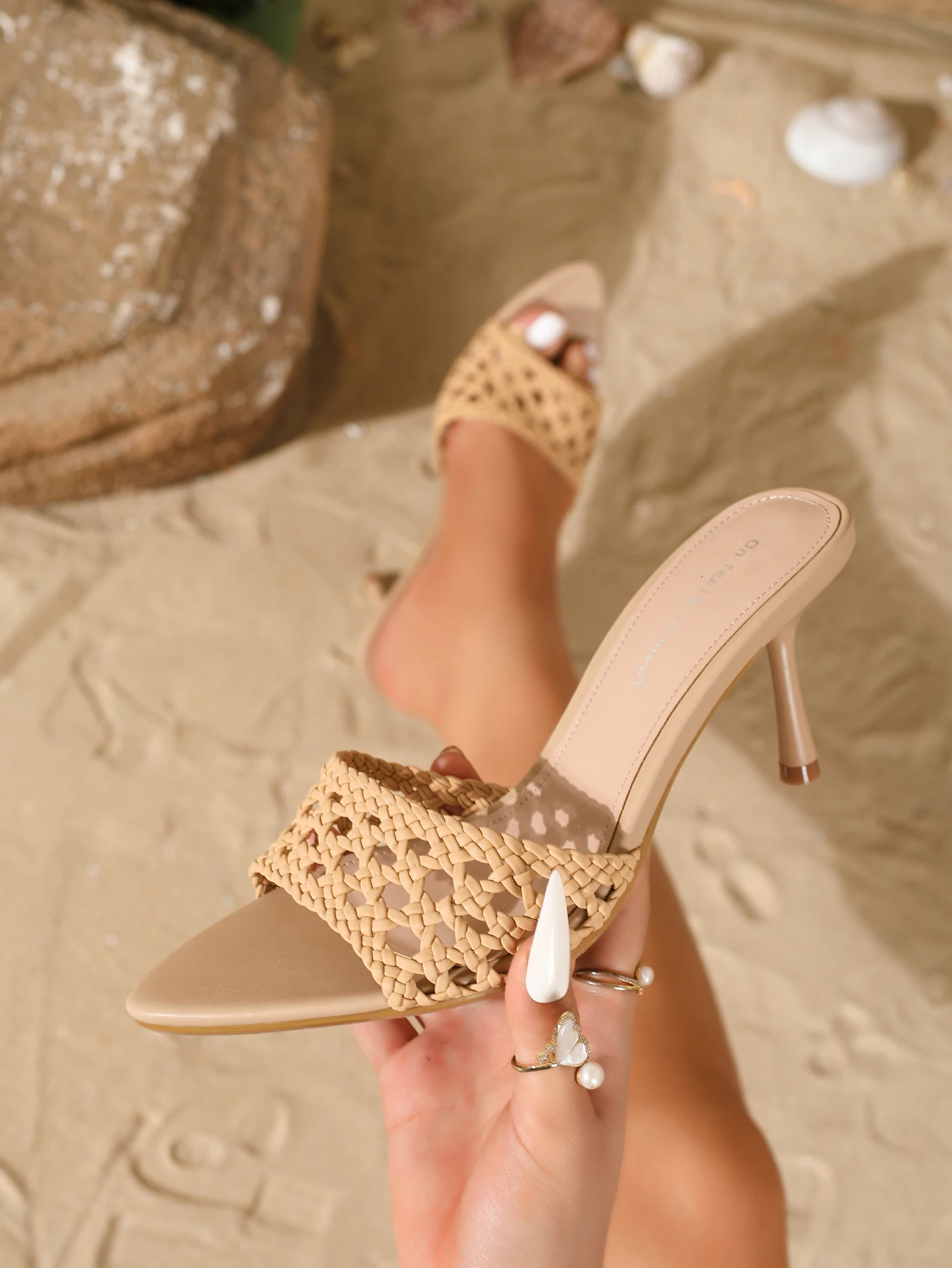 

Summer Women's Stylish Elegant Woven Cutout Single Strap Low-Cut Open Toe Outdoor Stiletto Heel Mule Sandals