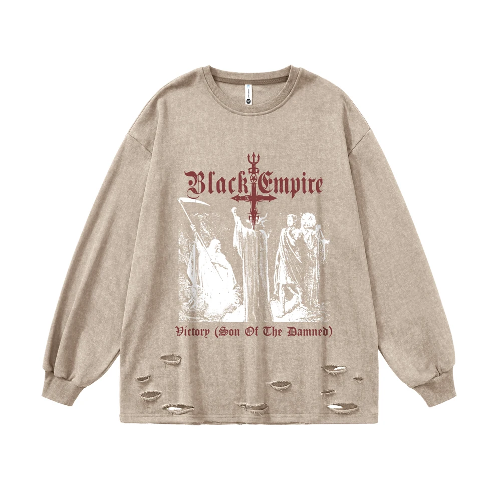 Black Empire Ripped T Shirts Goth Men Long Sleeve Y2k Grunge T-shirts Oversized Retro Men Clothes Harajuku Anime Streetwear Tops