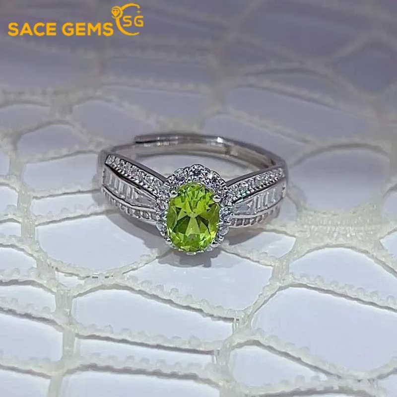 SACE GEMS Luxury 925 Sterling Silver Certified 5*7MM Natual Peridot Rings for Women Engagement Cocktail Party Fine Jewelry Gift