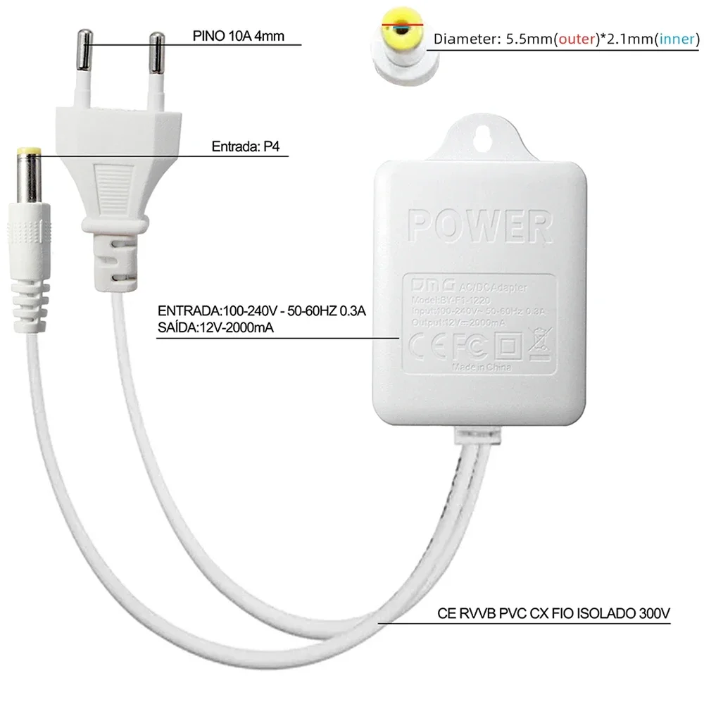 Imagem -06 - Fonte de Alimentação 12v 2a Adaptador de Energia à Prova Dágua Conversor Ca-cc Transformador de 100220v a 12 Volts Amp Plugue 55x21 mm para Fita Led Dvr Nvr Sistema de Câmeras de Segurança Acessórios Cctv