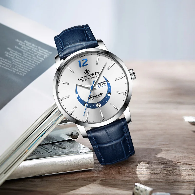 

LOUIE JUELEN Men's Quartz Watch Moon Phase Luminescent Waterproof Wristwatch Leather Strap Quartz Watch Luxury Brand Design
