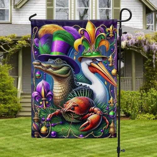 Mardi Gras Alligator Pelican and Crawfish Flag Garden Flag - House Flag