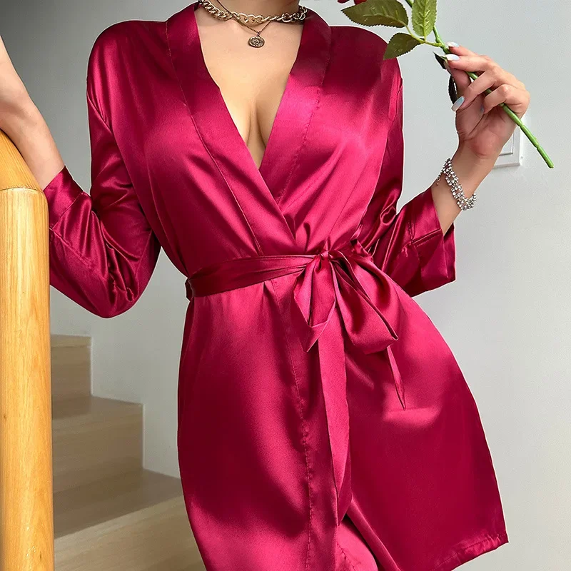 Pink Bride Bridesmaid Wedding Robe Spring Summer Female Sleepwear Kimono Bathrobe Nightgown Loose Silk Satin Home Dressing Gown image 3
