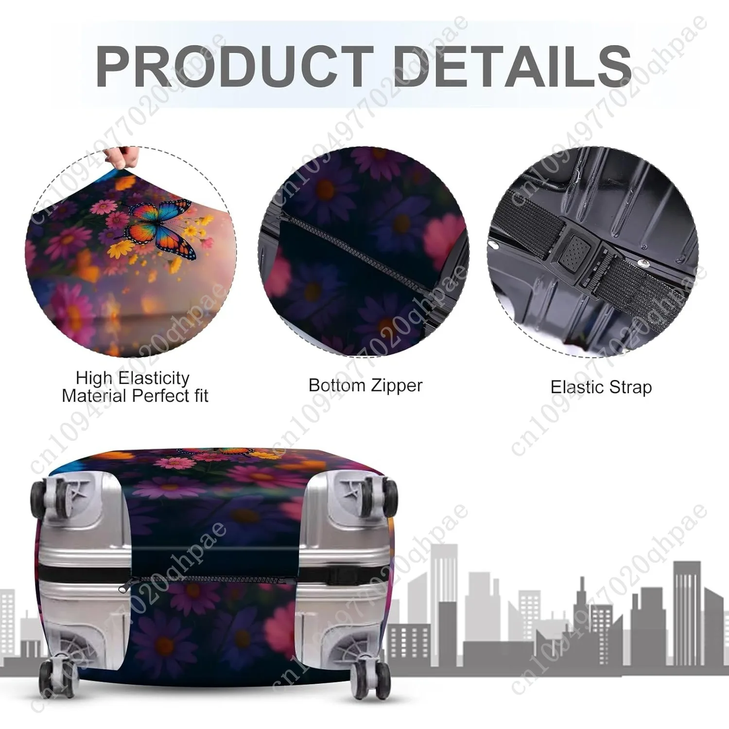 غطاء أمتعة على شكل فراشة نابضة بالحياة، تصميم زهور ملون مع فراشة قوس قزح، غطاء سفر قابل للتمدد وقابل للغسل f #4